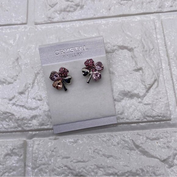 Crystal Jewelry Four Leaf Clover Earrings Pink & Silver Tone Swarovski Crystals - Picture 4 of 8
